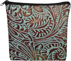 Southwestern Aqua Brown Tooled Leather Pattern Cosmetic Bag Western Gifts Western Stuff Makeup Bag Gifts for Women Girls Daughter Sister Bestie Graduation Birthday Christmas Nurse Travel