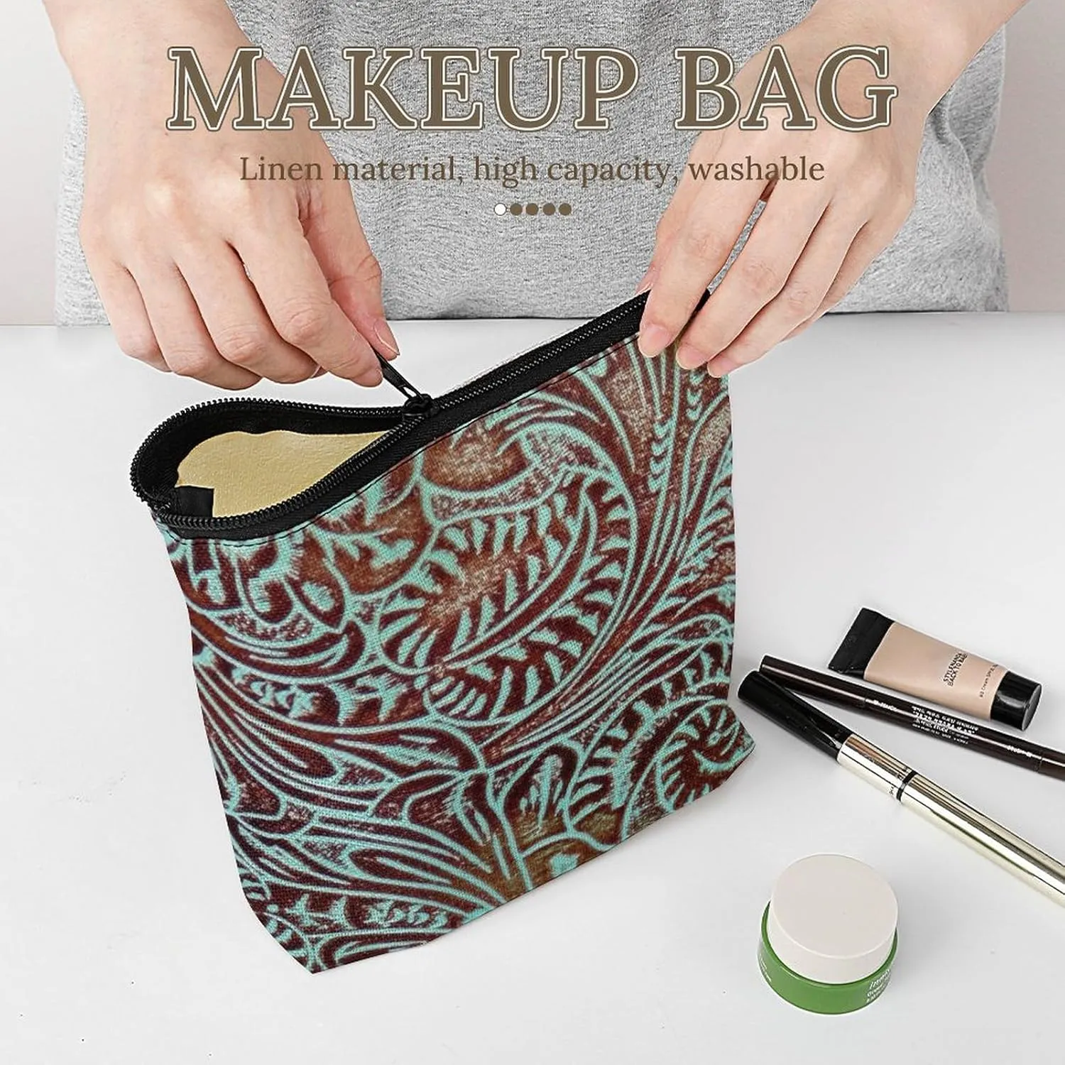 Southwestern Aqua Brown Tooled Leather Pattern Cosmetic Bag Western Gifts Western Stuff Makeup Bag Gifts for Women Girls Daughter Sister Bestie Graduation Birthday Christmas Nurse Travel
