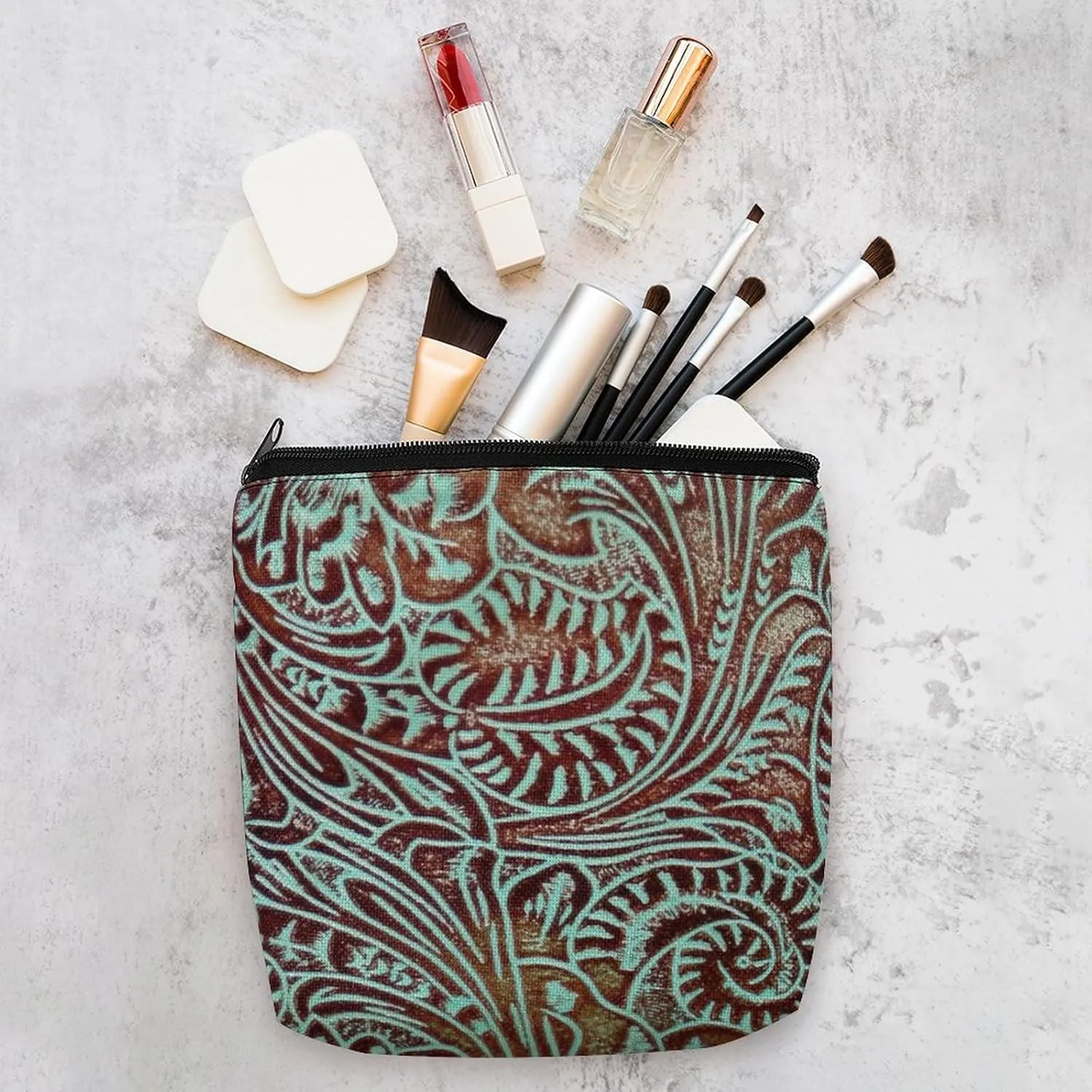 Southwestern Aqua Brown Tooled Leather Pattern Cosmetic Bag Western Gifts Western Stuff Makeup Bag Gifts for Women Girls Daughter Sister Bestie Graduation Birthday Christmas Nurse Travel