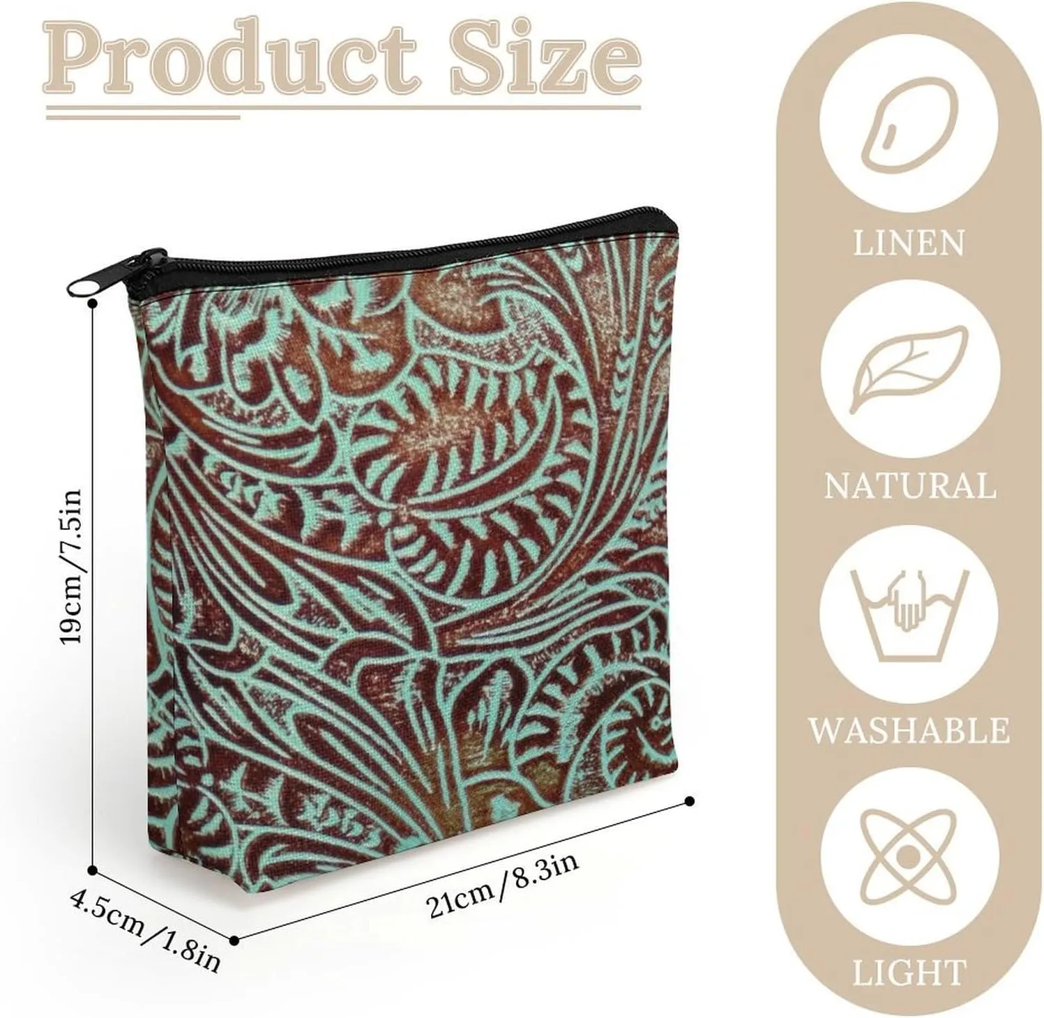 Southwestern Aqua Brown Tooled Leather Pattern Cosmetic Bag Western Gifts Western Stuff Makeup Bag Gifts for Women Girls Daughter Sister Bestie Graduation Birthday Christmas Nurse Travel