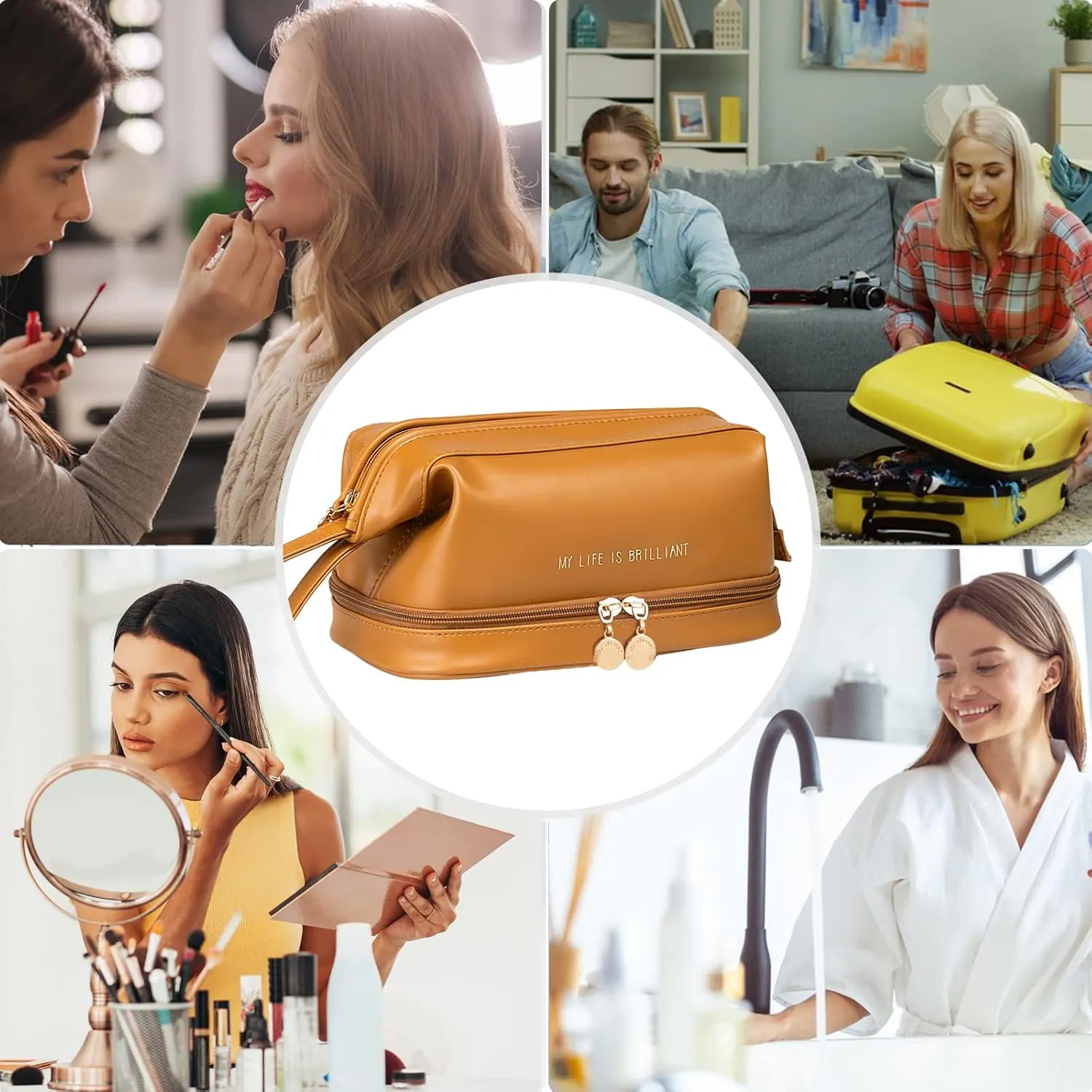 Toiletry Bag For Women Portable Make Up Bag Waterproof Wash Bag PU Leather Cosmetic Bag Bathroom Shower Bag Multifunctional Travel Organizer For Shampoo, Cosmetics, Toiletries Brown B