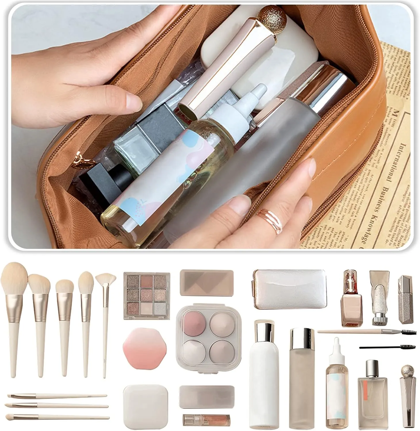Toiletry Bag For Women Portable Make Up Bag Waterproof Wash Bag PU Leather Cosmetic Bag Bathroom Shower Bag Multifunctional Travel Organizer For Shampoo, Cosmetics, Toiletries Brown B