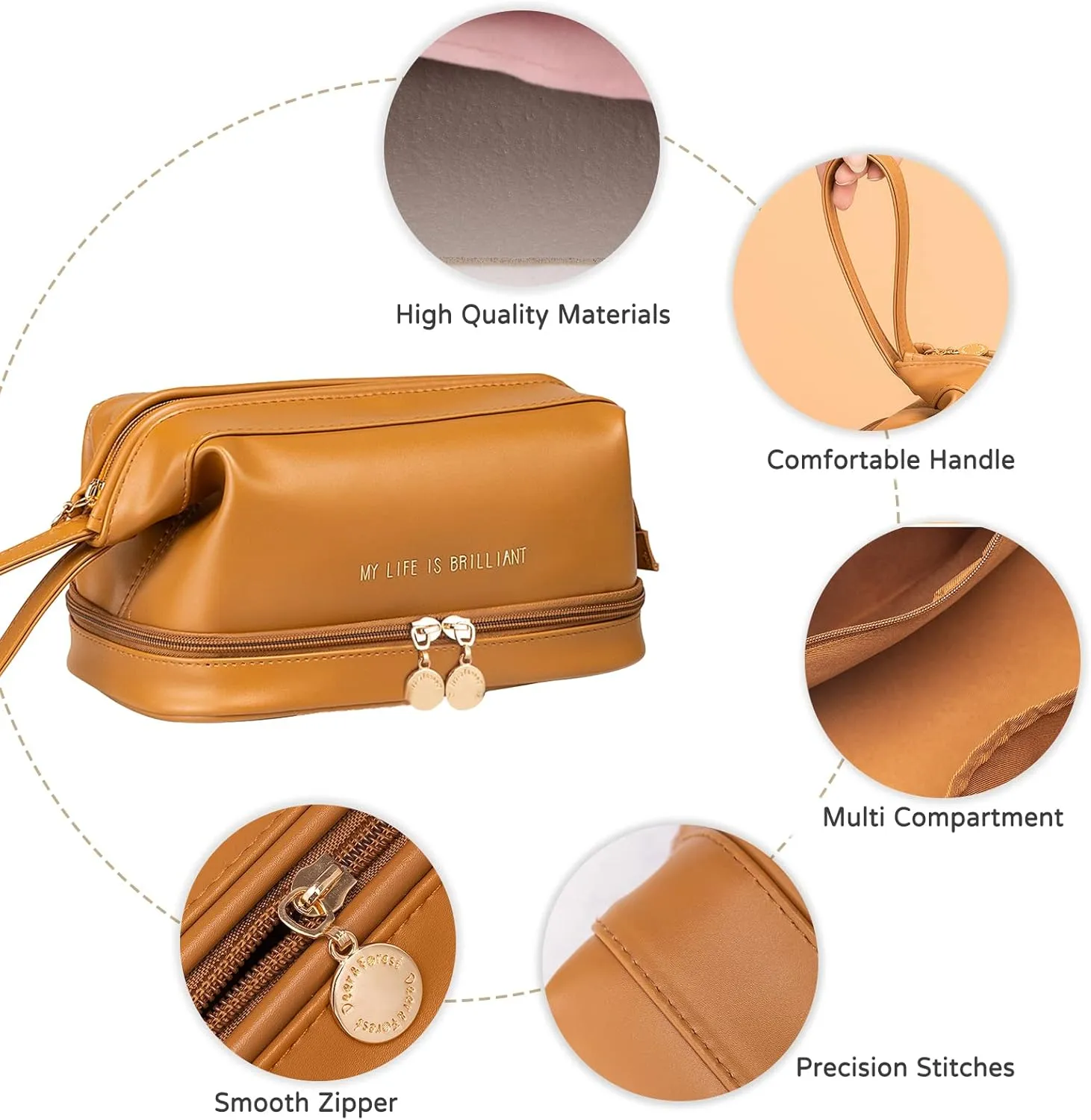 Toiletry Bag For Women Portable Make Up Bag Waterproof Wash Bag PU Leather Cosmetic Bag Bathroom Shower Bag Multifunctional Travel Organizer For Shampoo, Cosmetics, Toiletries Brown B
