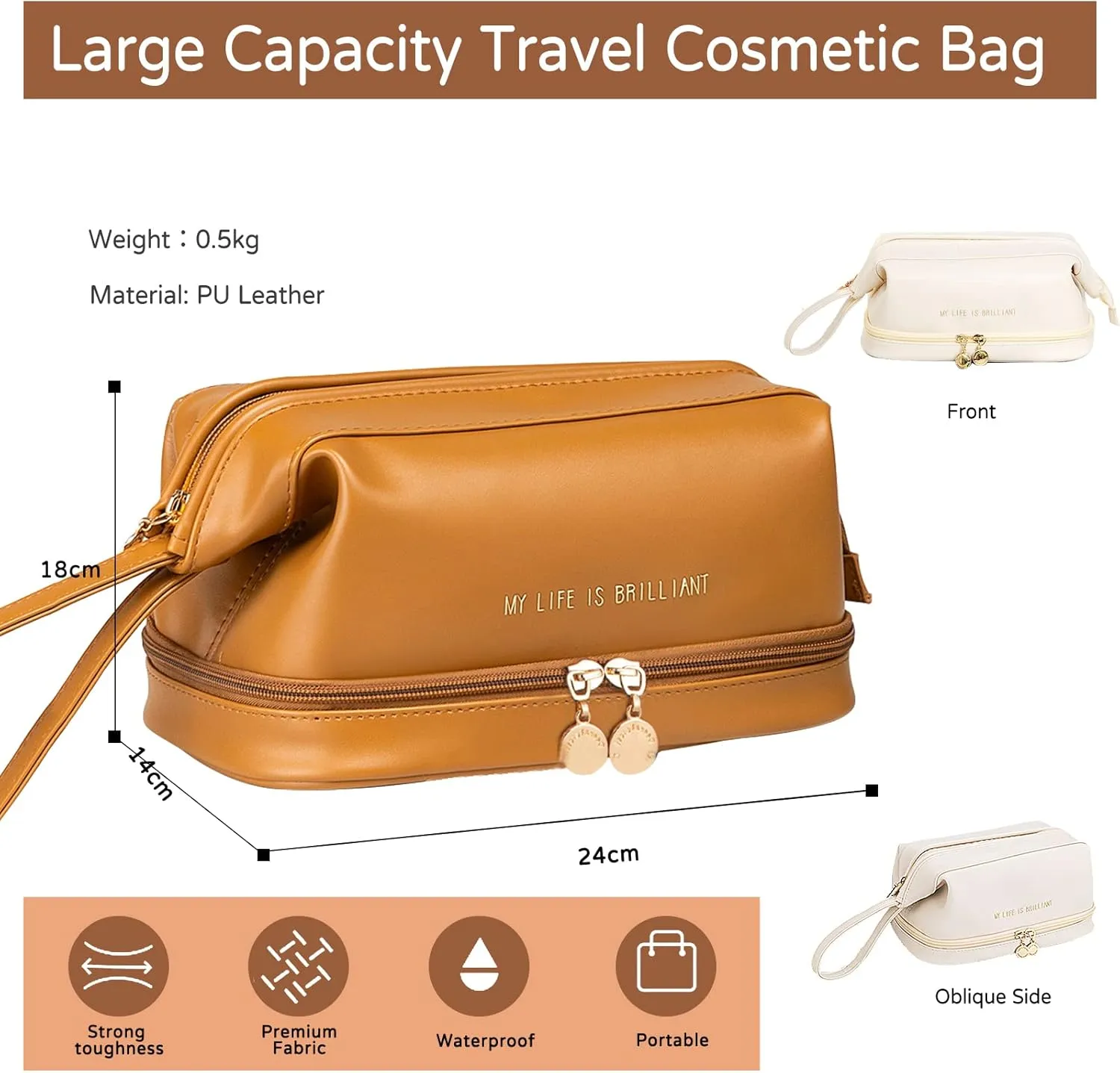 Toiletry Bag For Women Portable Make Up Bag Waterproof Wash Bag PU Leather Cosmetic Bag Bathroom Shower Bag Multifunctional Travel Organizer For Shampoo, Cosmetics, Toiletries Brown B
