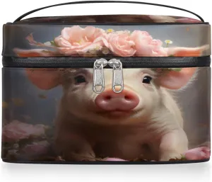 Toiletry Bags Pig with Roses Large Capacity Travel Makeup Organizer Case, Animal Pig Portable Toiletry Bag for Women Makeup Brush Bag Storage Bag