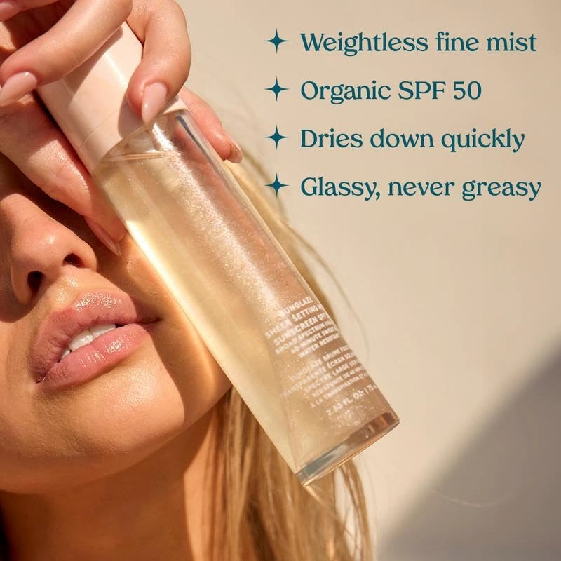 unglaze Sheer Setting Mist Sunscreen SPF 50, Broad Spectrum Shimmering Body Oil Mist, Hydrating Makeup-Friendly Glow Spray, Reef-Safe, Non-Greasy & Fast-Absorbing for Face & Body (1)