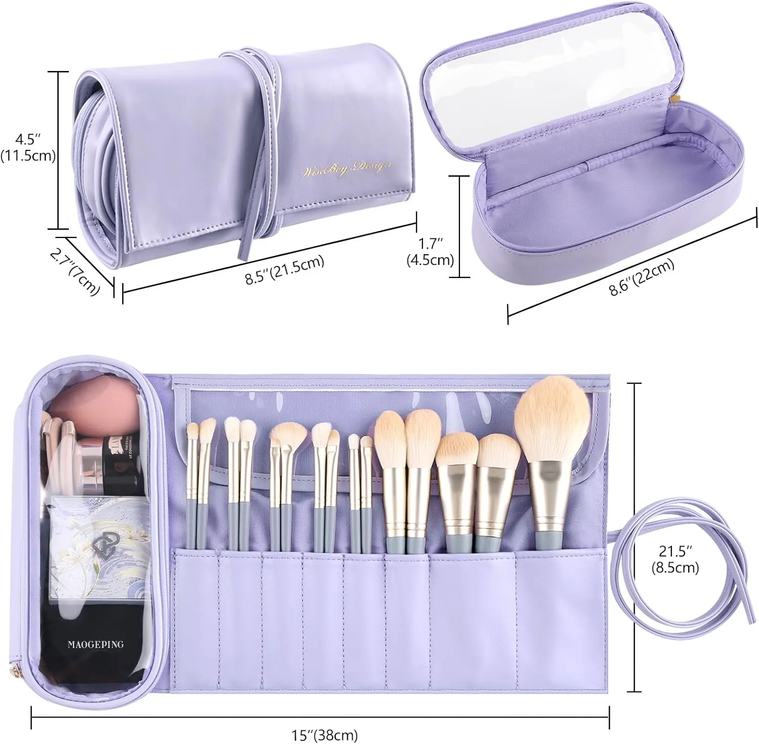 WiseBoy Makeup Brush Bag, Travel Makeup Brush Organizer, Cosmetic Bags Roll Up Brush Storage Bag with Transparent Waterproof Makeup Brushes Holder for Women and Girls