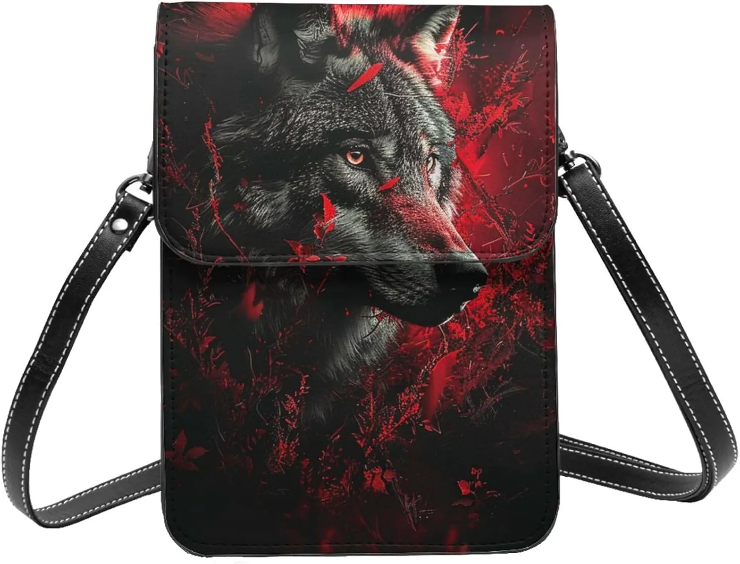 wolf red black thorns fantasy animal abstract dark Leather Small Crossbody Bags for Women Cell Phone Bag Wallet Purses with Adjustable Strap