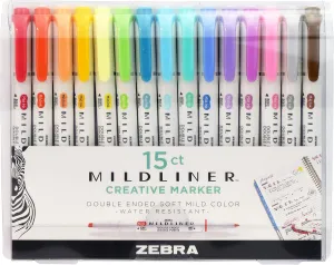 Zebra Pen Mildliner Double-Ended Highlighter Set, Broad and Fine Point Tips, Ideal for Bible Highlighting, No Bleed, Assorted Ink Colors, 15-Pack (78115)